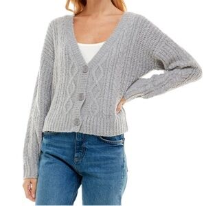 Crave Fame Light Gray V-Neck Cable Knit Cardigan. Womens M